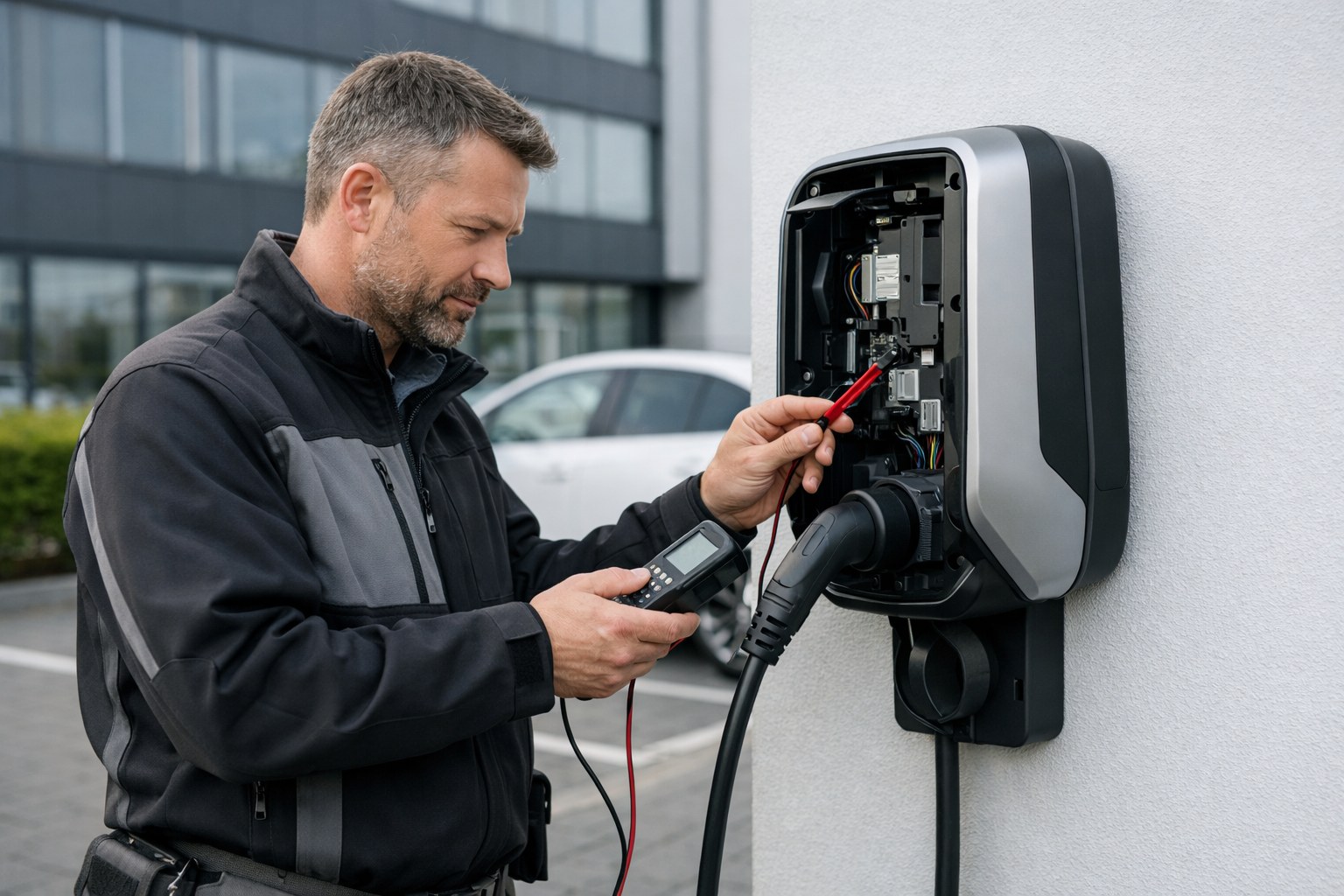 Prüfung einer Wallbox-Ladeinfrastruktur auf dem Betriebsgelände